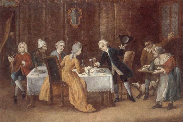 An elegant interior with a lady and gentleman toasting,other figures drinking and smoking at the table